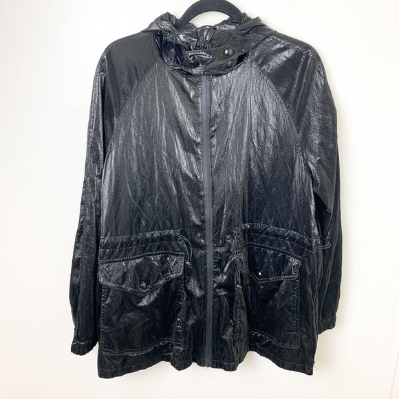 Zara black shiny parka raincoat zip up hood large - Picture 2 of 9